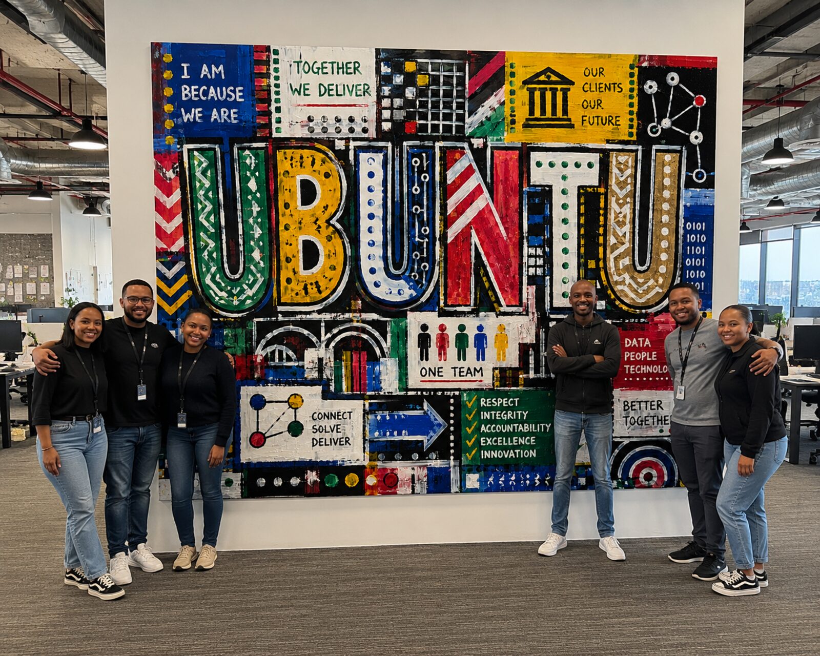 Team of six with their finished values mural