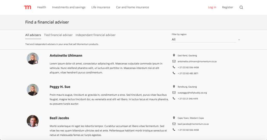 Momentum find a financial adviser page